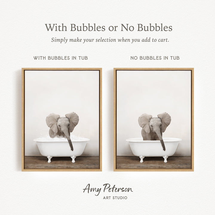 The image is a collage of two pictures, each featuring an elephant in a bathtub. The first picture has bubbles in the tub, while the second picture does not have bubbles. The text above the images reads "With Bubbles or No Bubbles Simply make your selection when you add to cart."