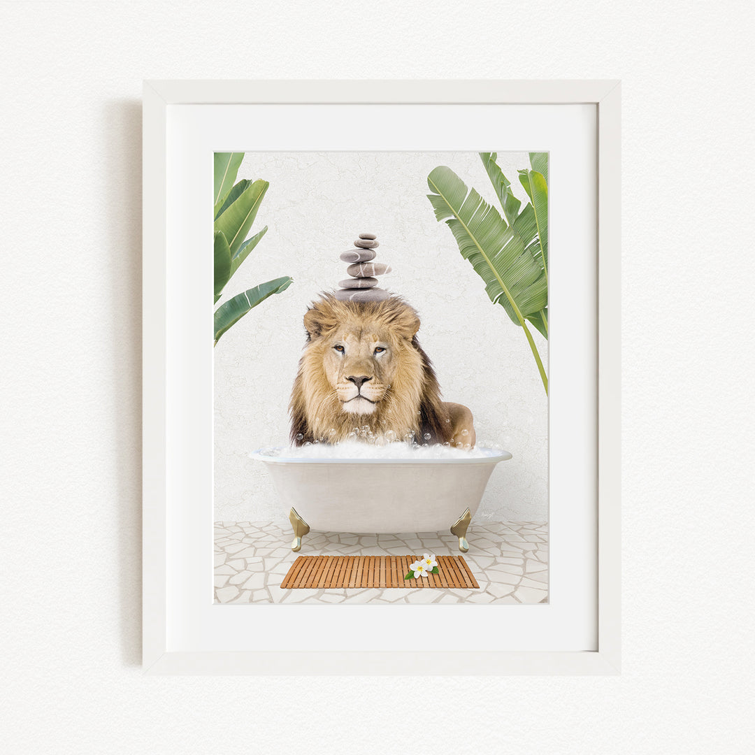 A lion is sitting in a bathtub filled with water, surrounded by tropical plants and a wooden mat on the floor.