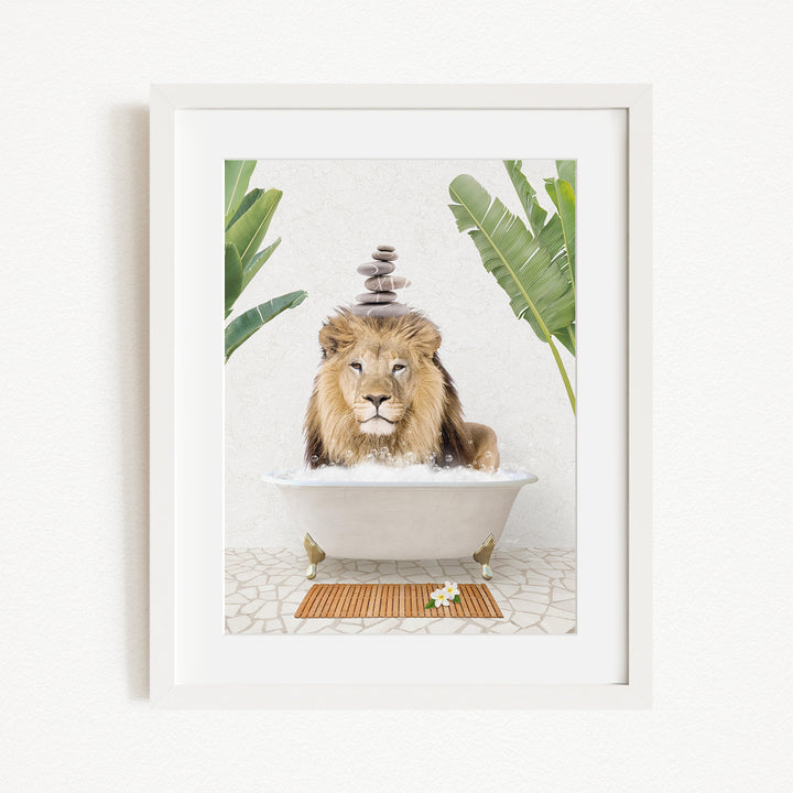 A lion is sitting in a bathtub filled with water, surrounded by tropical plants and a wooden mat on the floor.