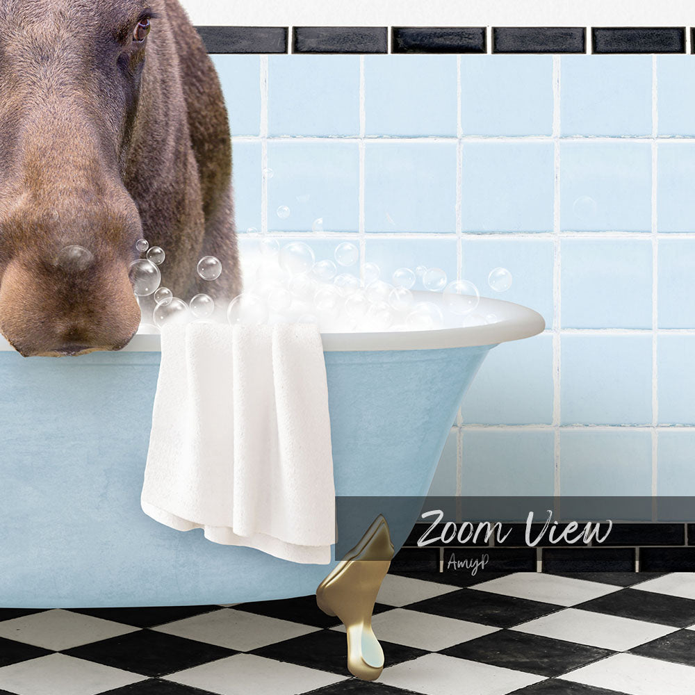 A close-up of a dog's face peeking over the edge of a blue bathtub filled with bubbles, with a black and white checkered floor and a tile wall in the background.