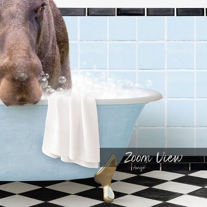 A close-up of a dog's face peeking over the edge of a blue bathtub filled with bubbles, with a black and white checkered floor and a tile wall in the background.