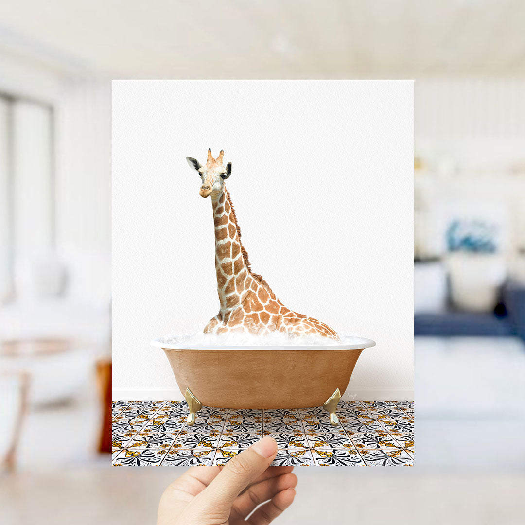 A giraffe sitting in a bathtub filled with bubbles, creating a whimsical and playful scene.