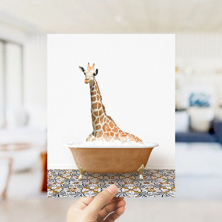 A giraffe sitting in a bathtub filled with bubbles, creating a whimsical and playful scene.