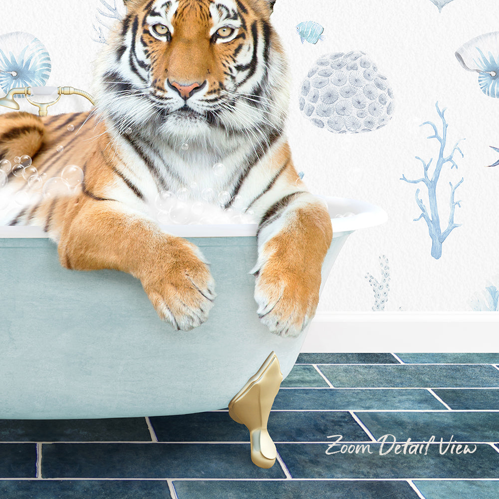 A tiger resting in a bathtub, surrounded by aquatic elements such as fish and coral, creating a whimsical and playful scene.