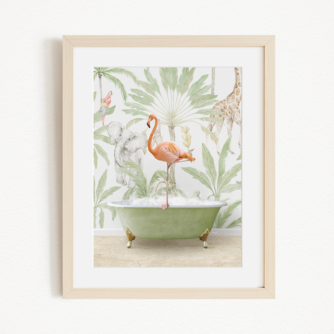 A framed print depicting a pink flamingo standing in a green bathtub, surrounded by tropical foliage and other animals.