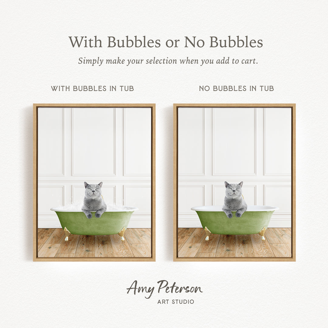 The image is a collage of two pictures, each featuring a cat sitting in a bathtub. The cat appears to be gray and is sitting on the edge of the bathtub. The text above the images reads "With Bubbles or No Bubbles" and below the images, it says "Simply make your selection when you add to cart."