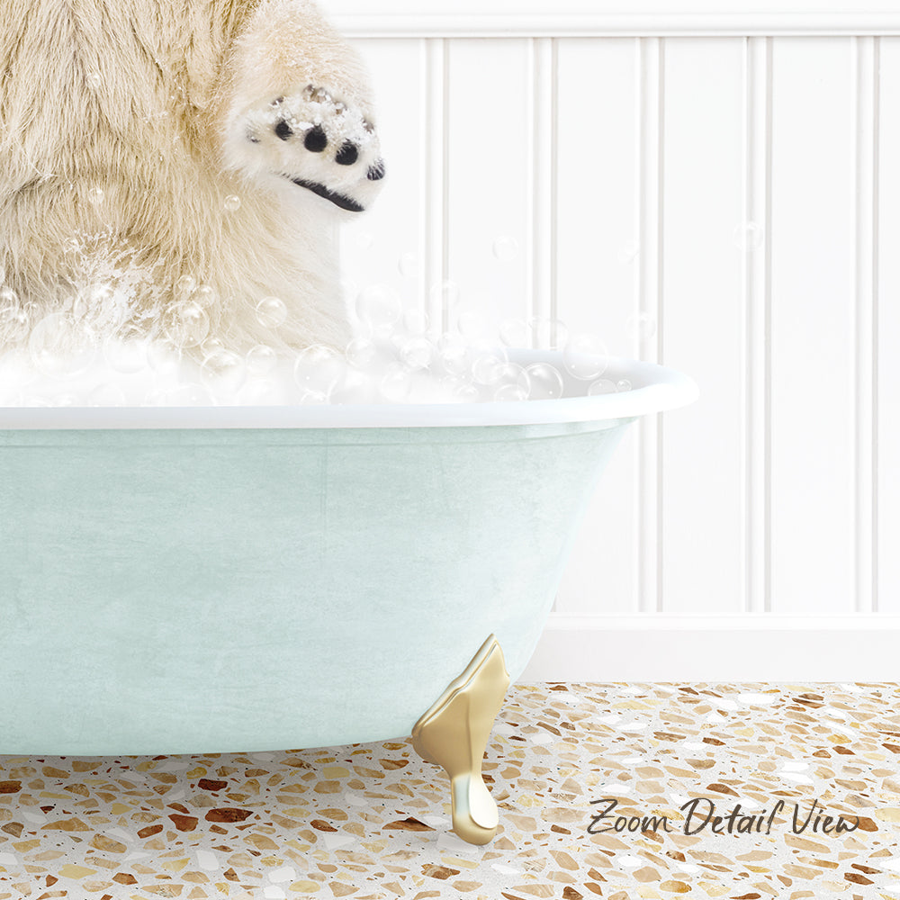 A polar bear is standing in a bathtub filled with bubbles, with its paw in the water.