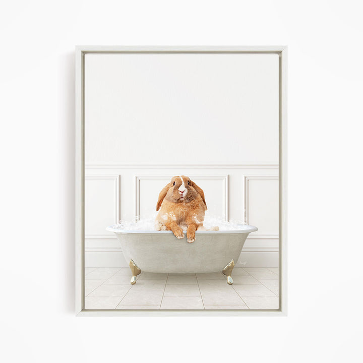 A brown rabbit sitting in a white bathtub filled with water, looking up at the camera.