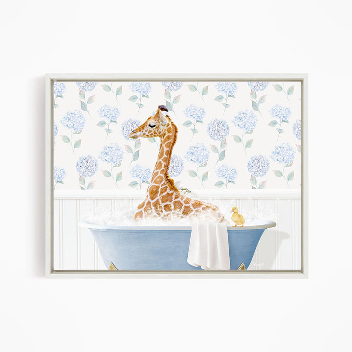 A giraffe sitting in a blue bathtub, surrounded by a floral patterned wall and a yellow duck.
