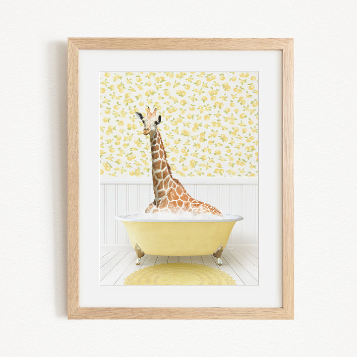 A giraffe sitting in a yellow bathtub filled with water, surrounded by a yellow floral pattern on the wall behind it.