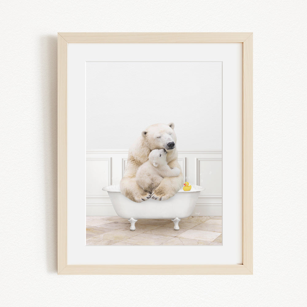 A mother polar bear and her cub cuddling in a bathtub, with a yellow rubber duck floating in the water.