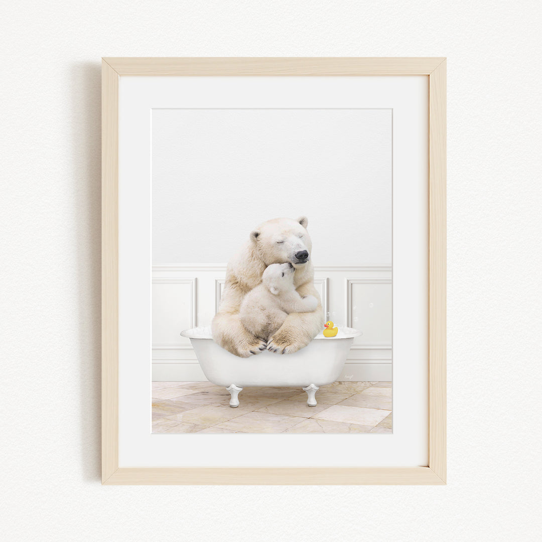 A mother polar bear and her cub cuddling in a bathtub, with a yellow rubber duck floating in the water.