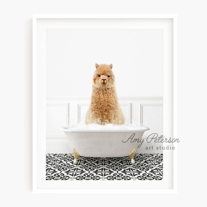 a dog sitting in a bathtub with a white wall behind it