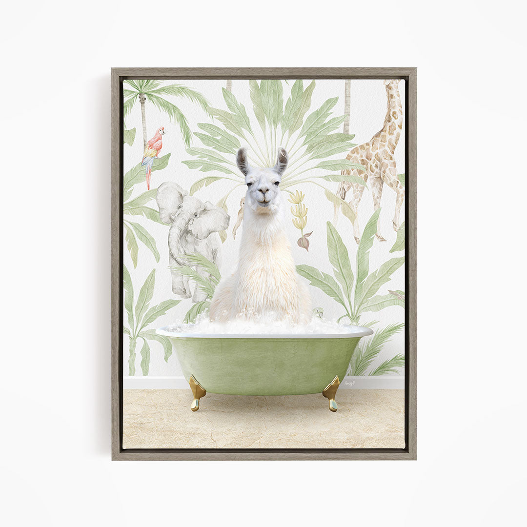 A white llama sitting in a green bathtub, surrounded by tropical plants and animals, including a giraffe and a parrot.