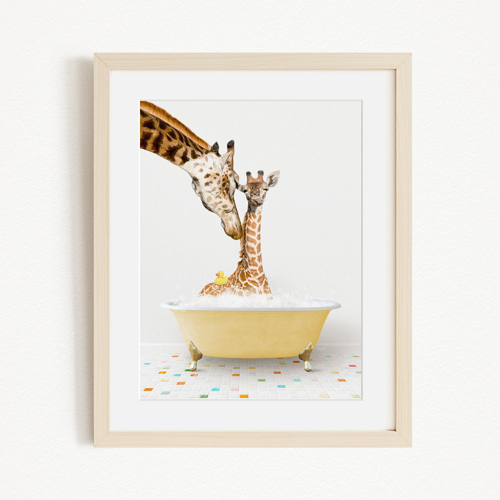 A mother giraffe and her baby giraffe are enjoying a bath together in a yellow bathtub, surrounded by a colorful tiled floor.