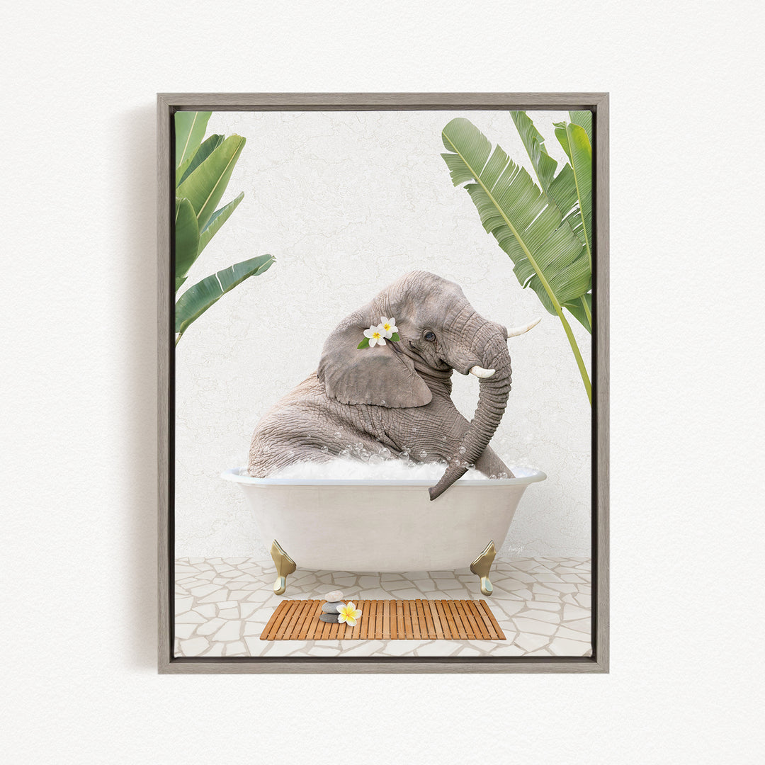 A gray elephant is sitting in a white bathtub, surrounded by green leaves and flowers, creating a whimsical and relaxing scene.