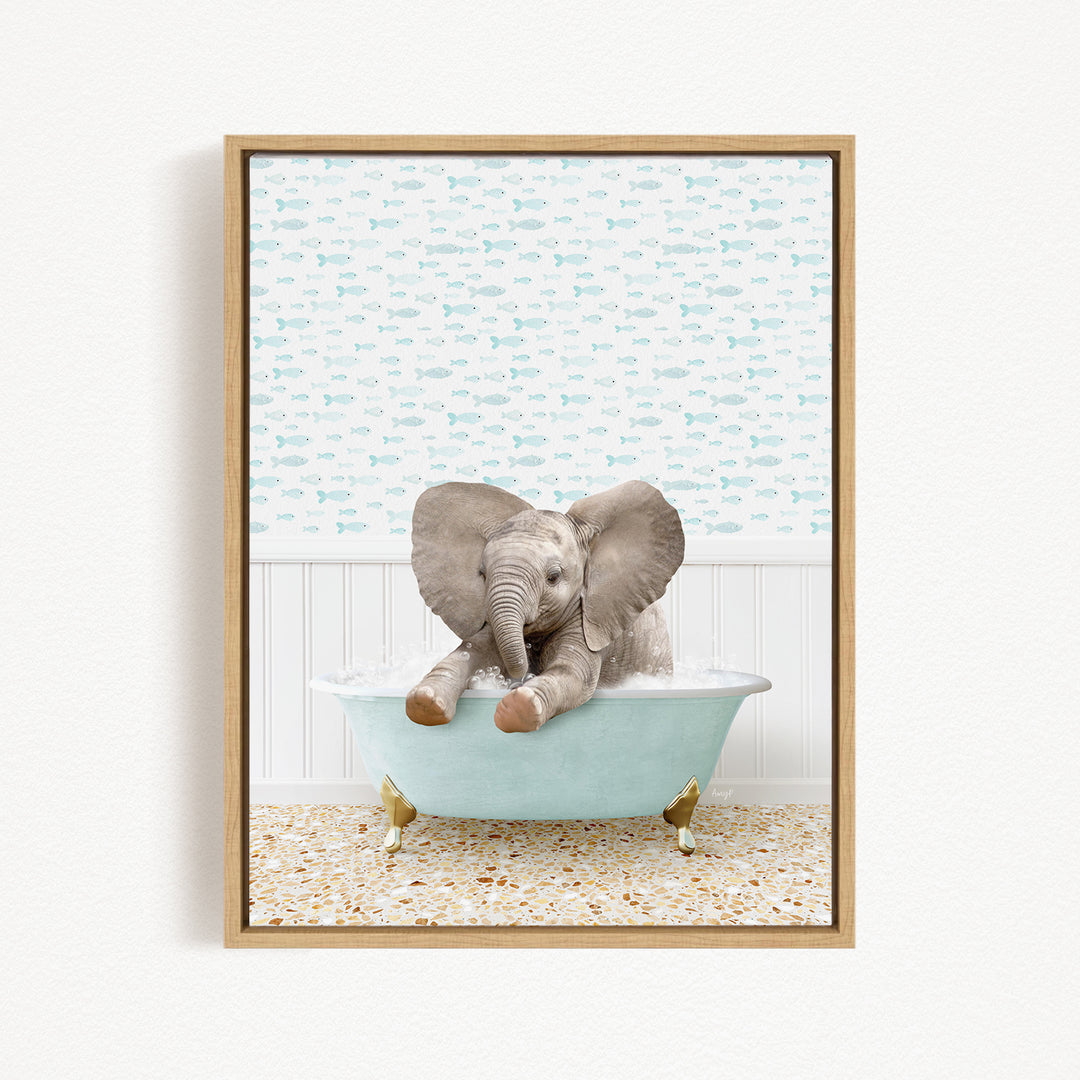 A baby elephant sitting in a bathtub filled with water, surrounded by a pattern of small fish.