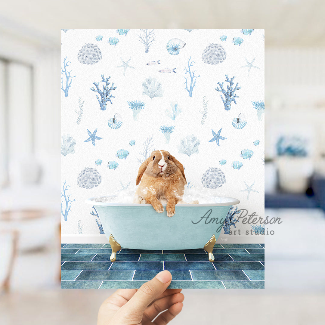 a person holding up a card with a picture of a rabbit in a bathtub