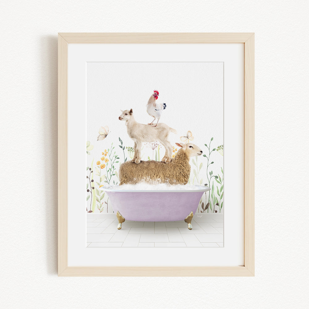 A framed image depicting a sheep standing on a bathtub, with a rooster perched on top, and a lamb sitting on the tub's edge.