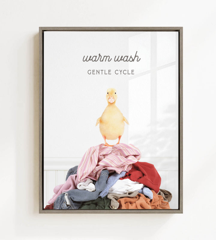 A framed image depicting a yellow duck standing atop a pile of laundry, with the text "Warm Wash Gentle Cycle" written above it.