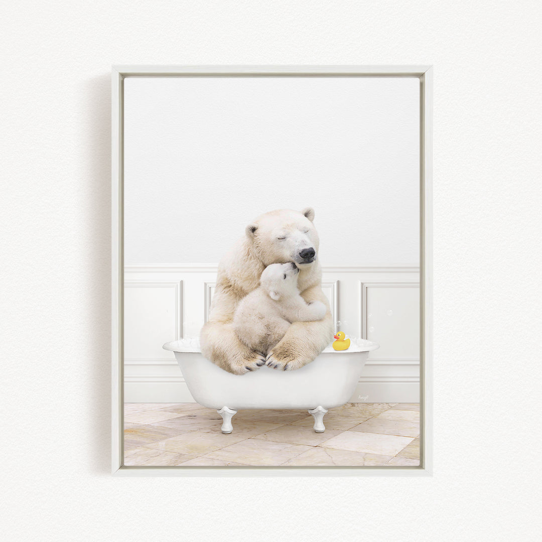 A mother polar bear and her cub cuddling in a bathtub, with a rubber duck floating nearby.