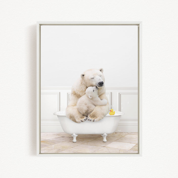 A mother polar bear and her cub cuddling in a bathtub, with a rubber duck floating nearby.