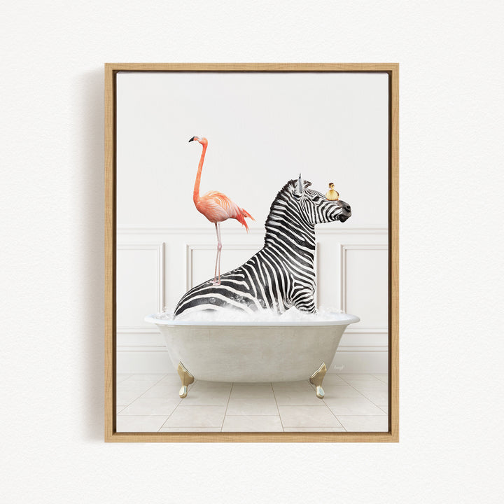 A zebra is sitting in a bathtub filled with water, with a pink flamingo standing on its back.