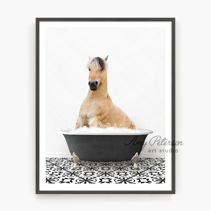 a horse is taking a bath in a bathtub