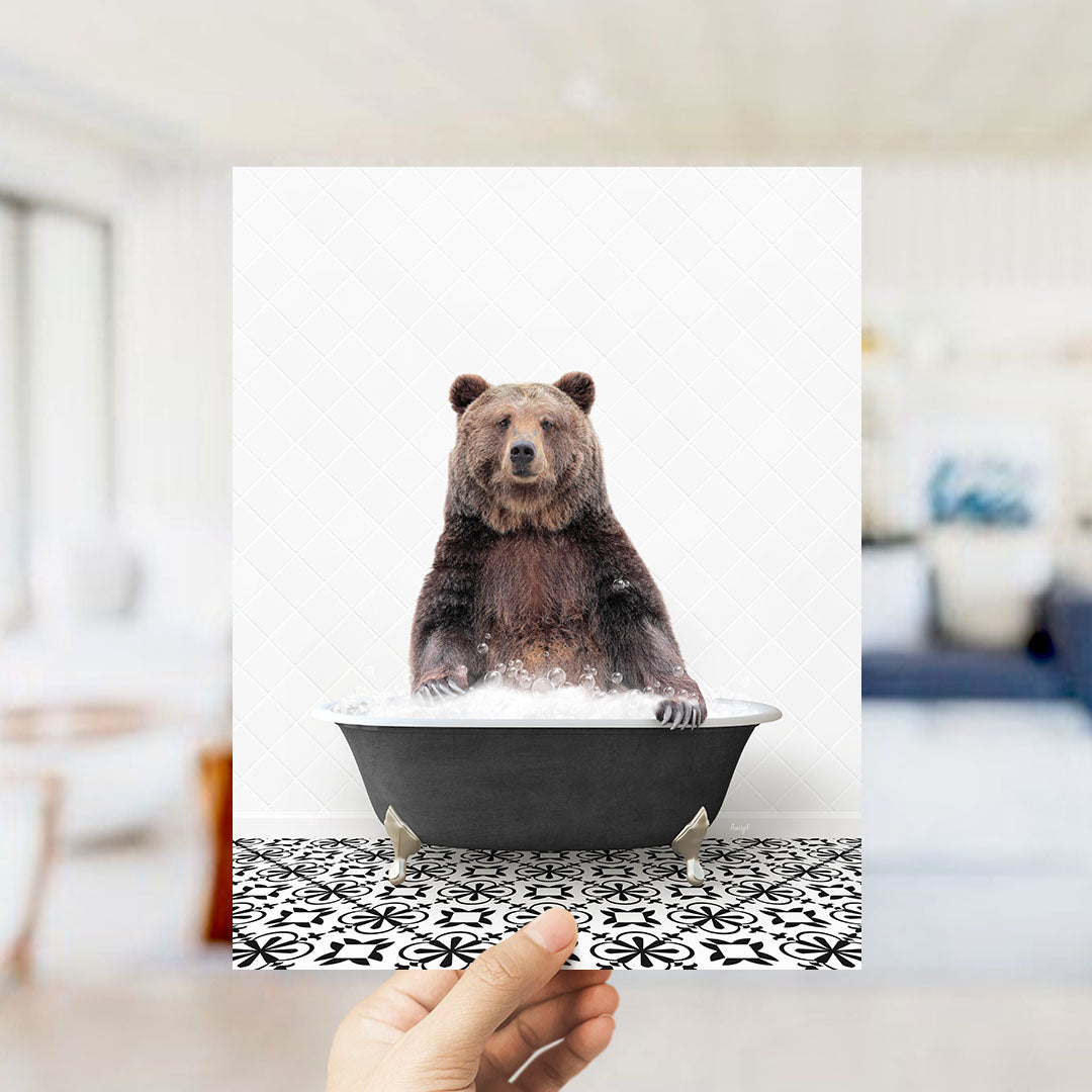 A brown bear sitting in a bathtub filled with water, surrounded by a black and white patterned floor.