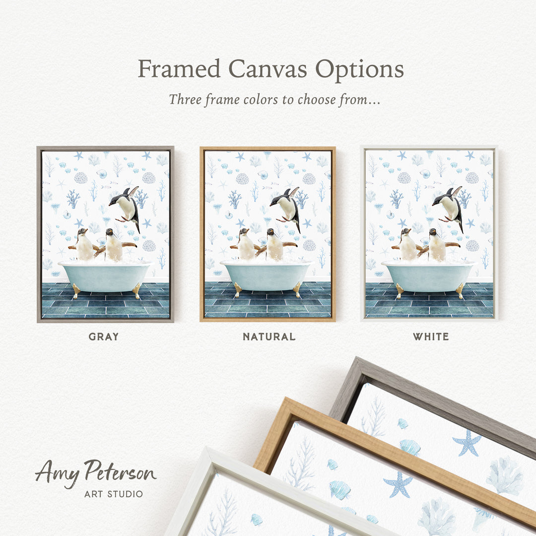three framed canvas options, each featuring a different color and frame style. The options include a gray frame, a natural frame, and a white frame. The text above the images reads " Framed Canvas Options" and "Three frame colors to choose from...". The artist's name, Amy Peterson, is also mentioned at the bottom of the image.
