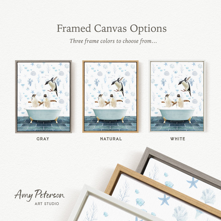 three framed canvas options, each featuring a different color and frame style. The options include a gray frame, a natural frame, and a white frame. The text above the images reads " Framed Canvas Options" and "Three frame colors to choose from...". The artist's name, Amy Peterson, is also mentioned at the bottom of the image.