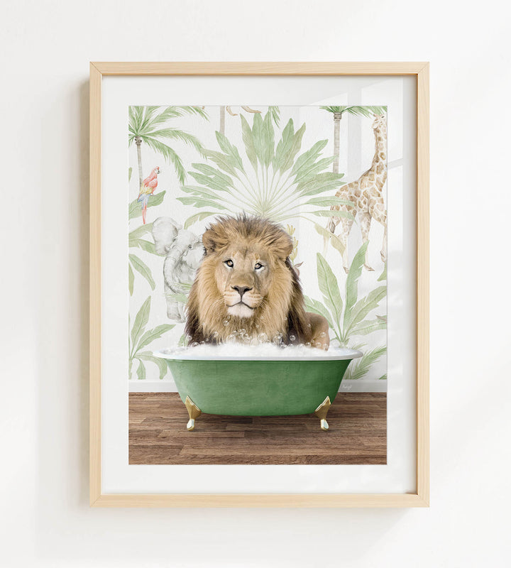 A lion is sitting in a green bathtub, surrounded by tropical foliage and a giraffe in the background.