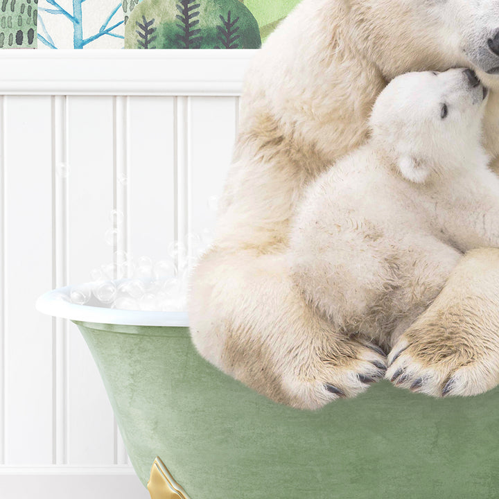 a mother polar bear and her cub cuddle in a tub