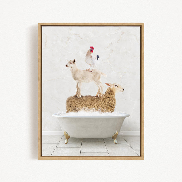 A framed image depicting a sheep standing on a tub filled with water, with a rooster perched on top of it.