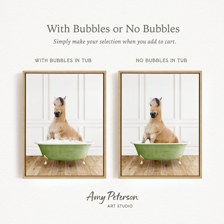 The image is a collage of two pictures, each featuring a horse sitting in a tub. The first picture has bubbles in the tub, while the second picture does not have bubbles. The text above the images reads "With Bubbles or No Bubbles Simply make your selection when you add to cart."