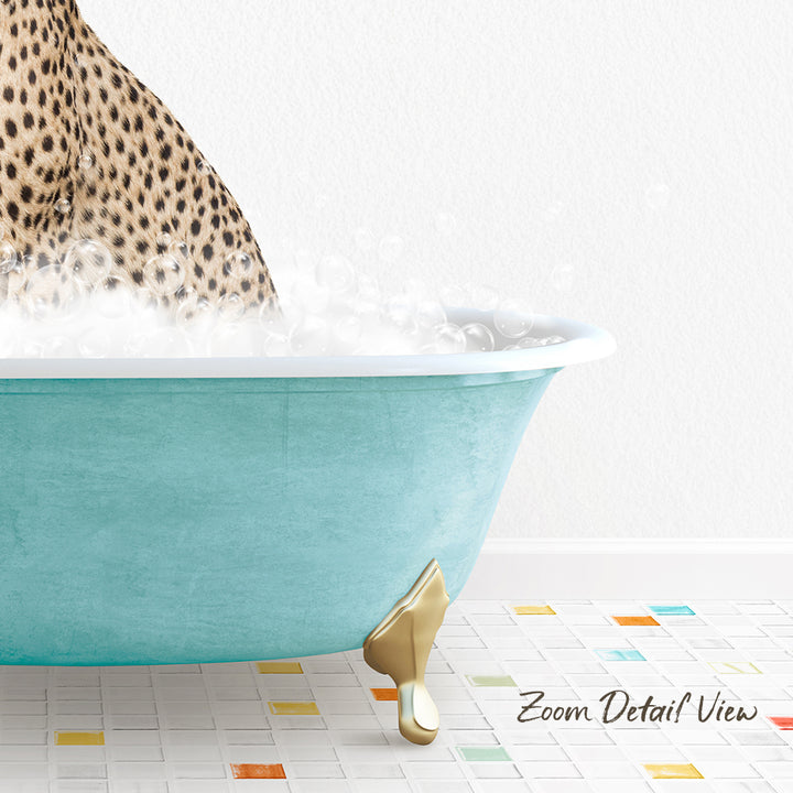 A leopard-print bathtub filled with bubbles, with a gold-colored bathtub leg visible, and a colorful tiled floor in the foreground.