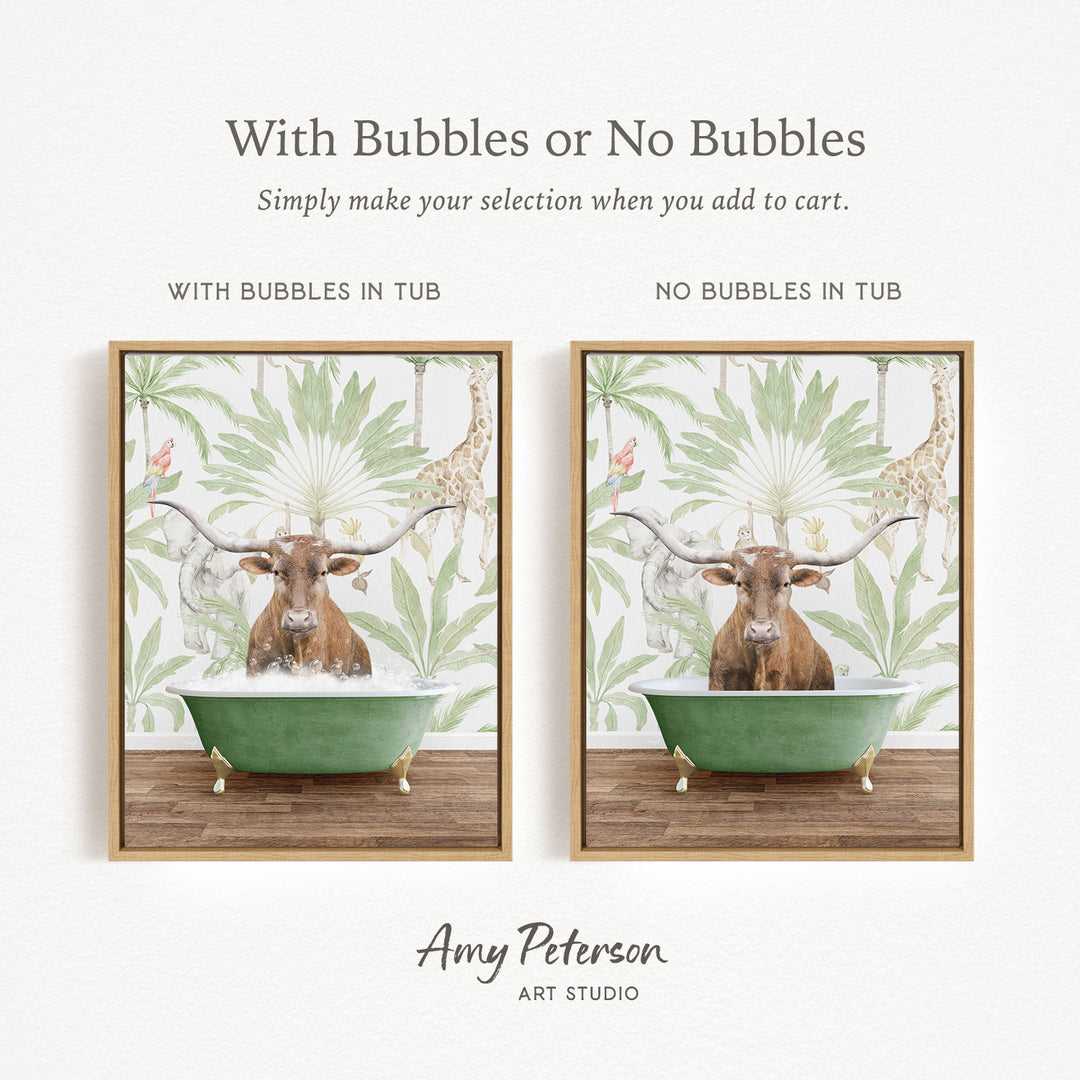 The image is a collage of two framed pictures, each depicting a bull in a bathtub. The bull in the green tub has large horns, while the bull in the tub without bubbles appears to be more subdued. The collage is titled "With Bubbles or No Bubbles" and is created by Amy Peterson from Art Studio.