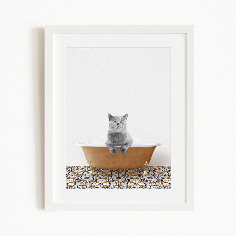 A gray cat sitting in a bathtub filled with bubbles, with a patterned tile floor in the background.