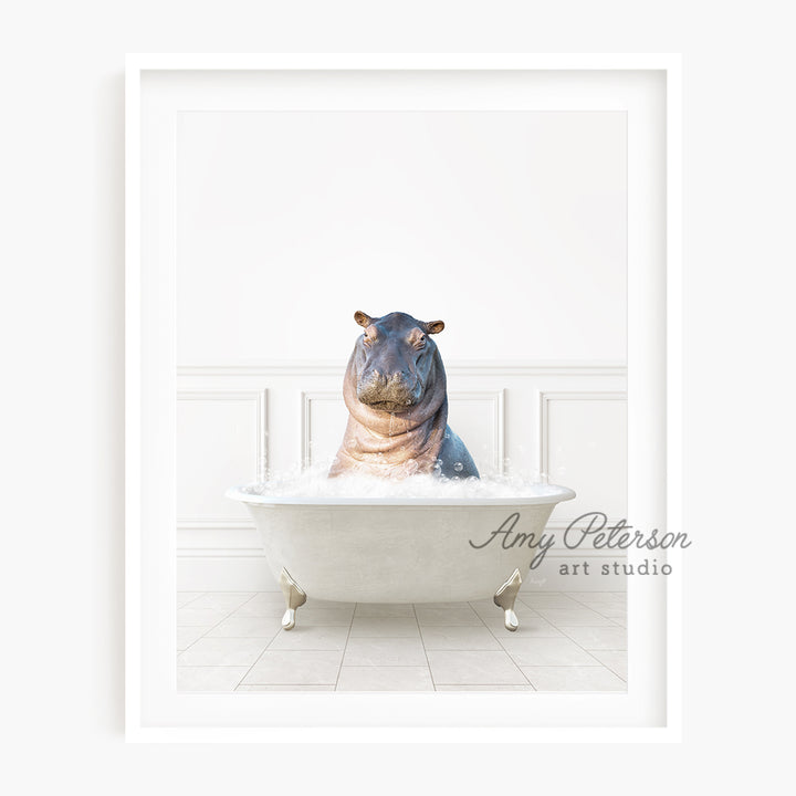 a hippopotamus sitting in a bathtub in a bathroom