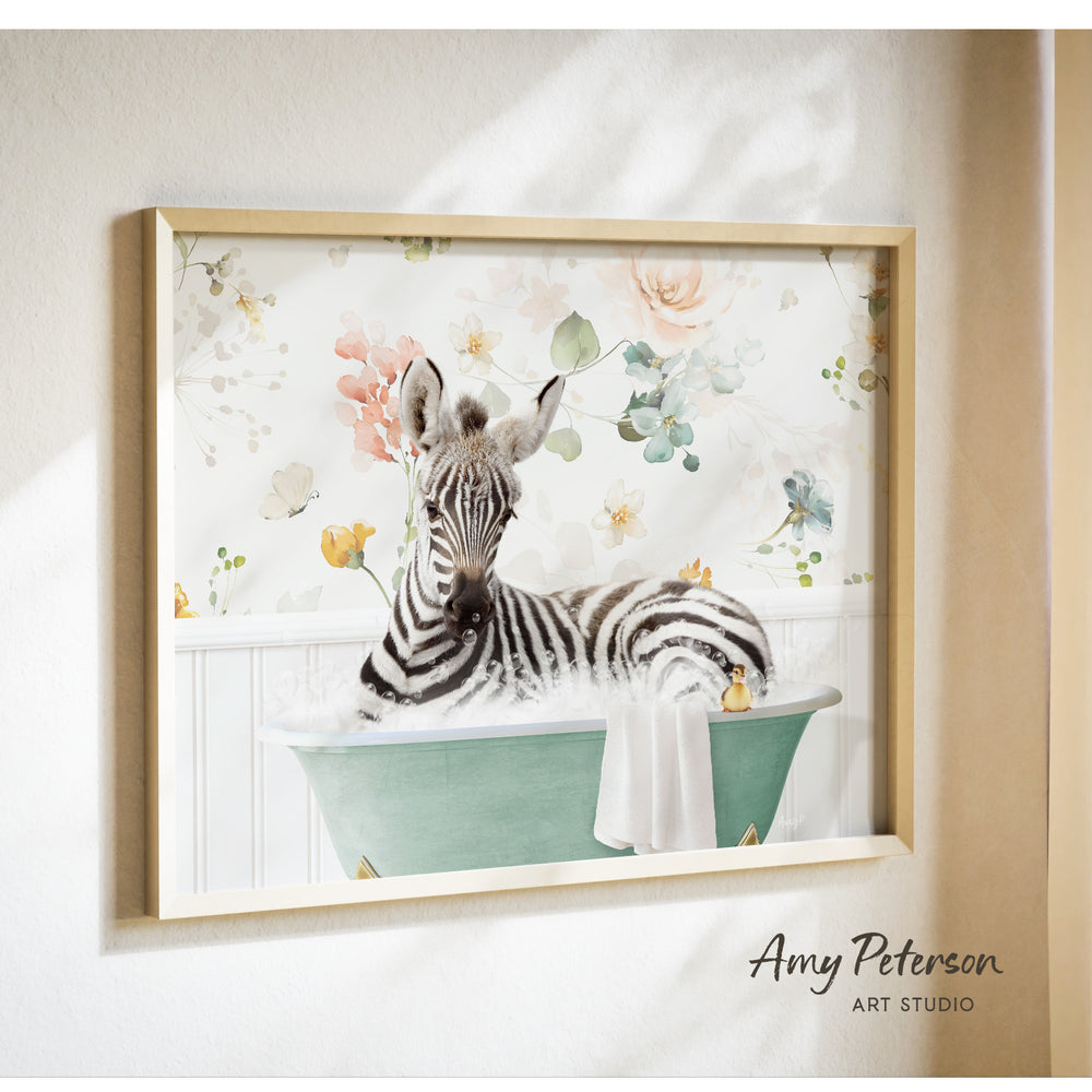 A zebra is sitting in a green bathtub, surrounded by a floral pattern on the wall behind it.