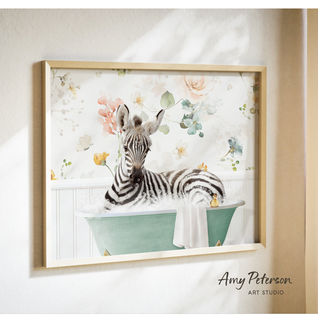 A zebra is sitting in a green bathtub, surrounded by a floral pattern on the wall behind it.