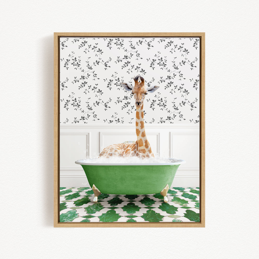 A giraffe is sitting in a green bathtub filled with water, surrounded by a patterned wall and green and white floor.