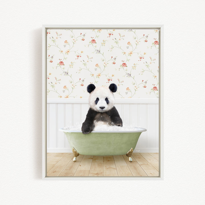 A panda bear sitting in a green bathtub, surrounded by a floral wallpaper.