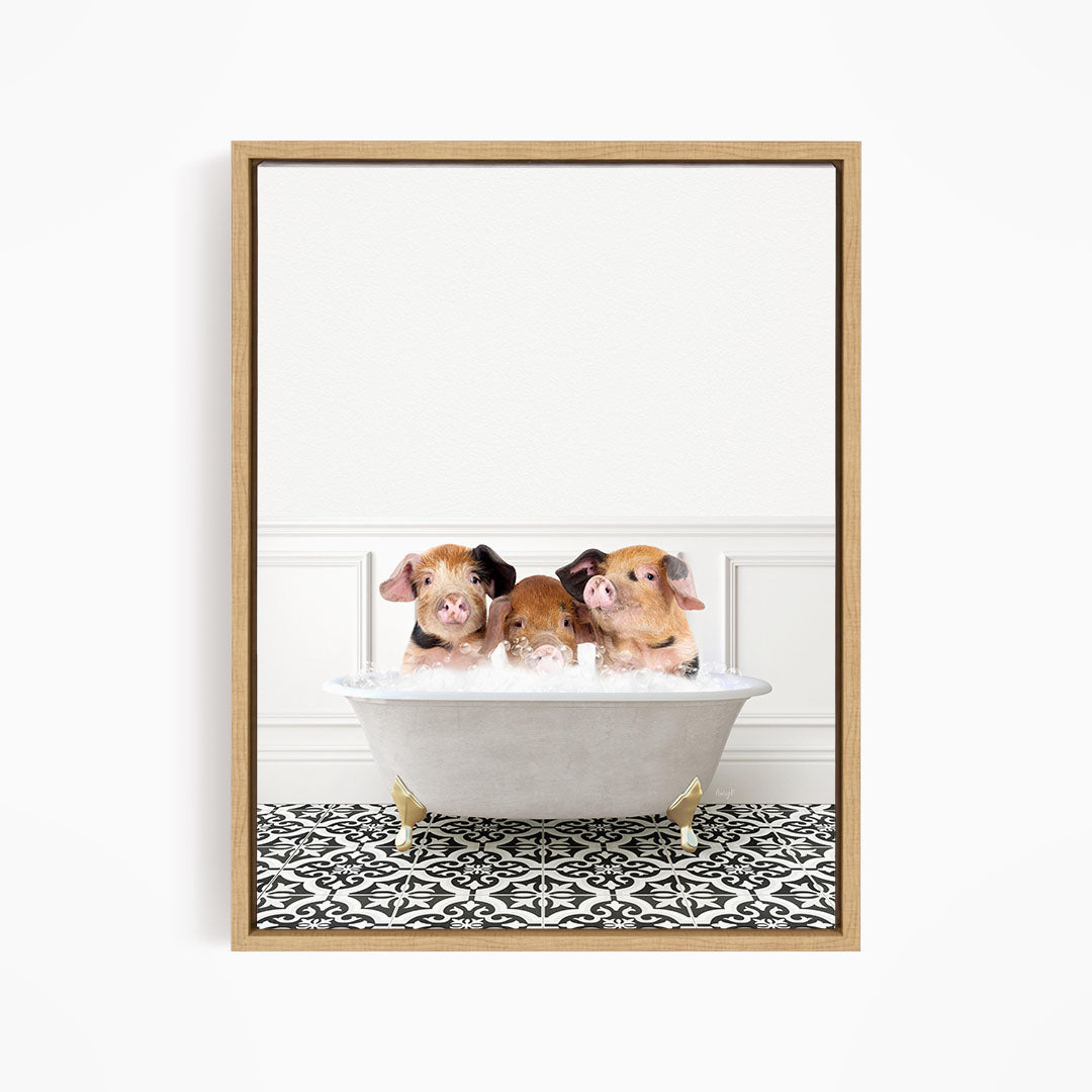 Three adorable pigs sitting in a white bathtub, with a black and white patterned floor in the background.