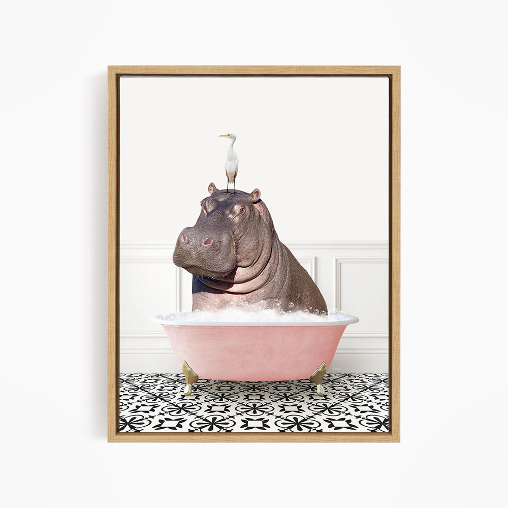 A large hippopotamus is sitting in a pink bathtub, with a seagull perched on its head.