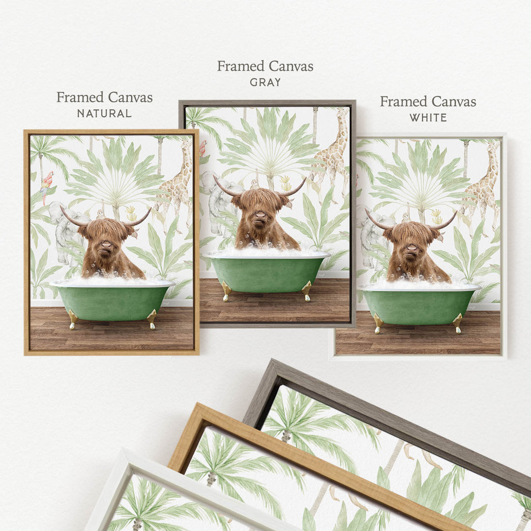 a framed canvas with a brown cow sitting in a green bathtub, surrounded by tropical plants.