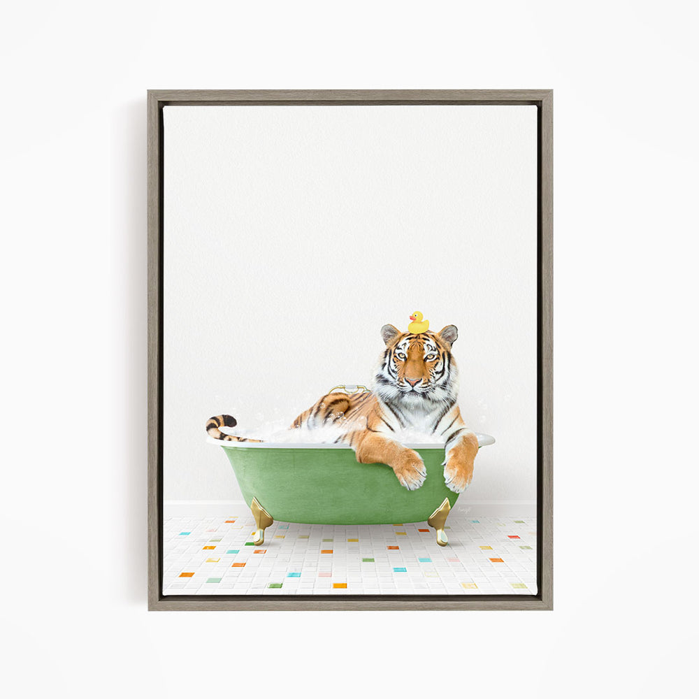 A tiger is sitting in a green bathtub, wearing a yellow crown, and appears to be enjoying a relaxing bath.