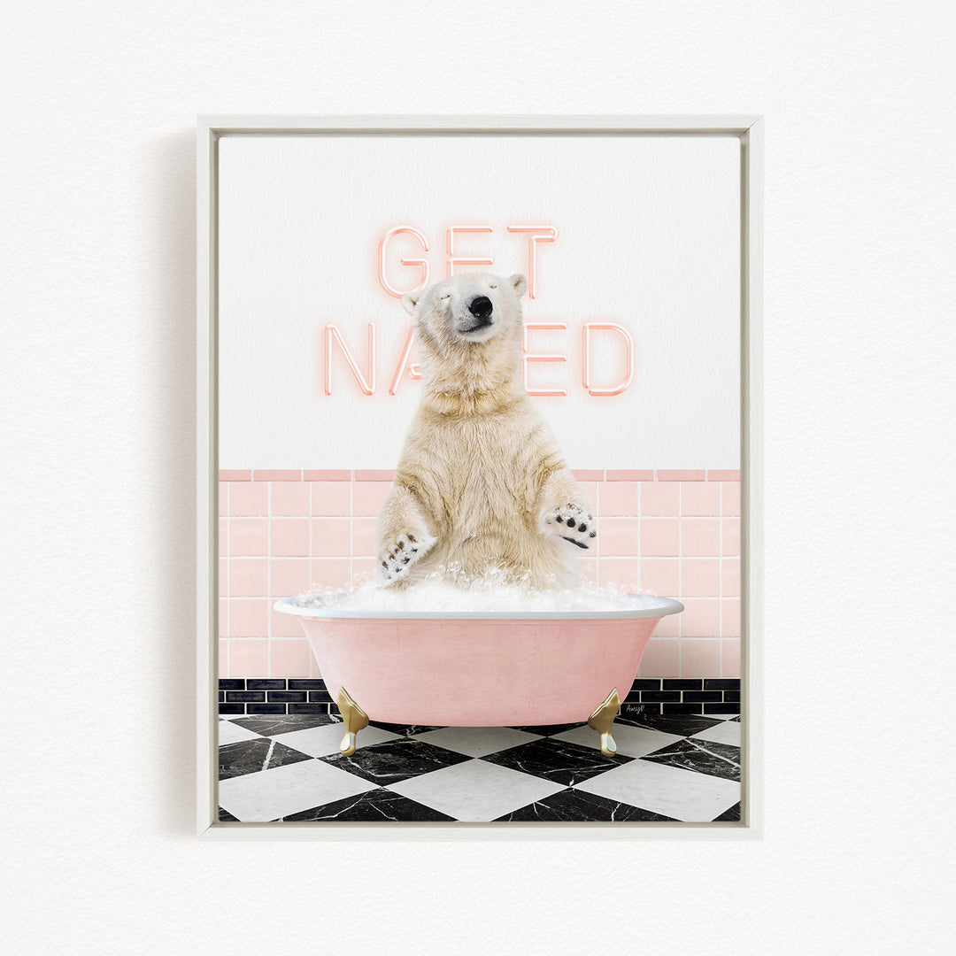 A polar bear sitting in a pink bathtub with a pink and white checkered floor, and a pink neon sign that says "GET NAKED" in the background.