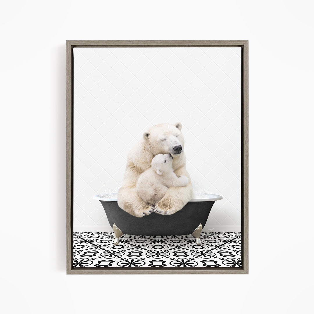 A polar bear sitting in a bathtub, with its head resting on a baby polar bear.