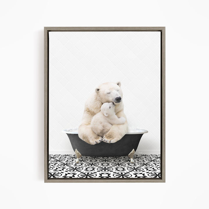 A polar bear sitting in a bathtub, with its head resting on a baby polar bear.